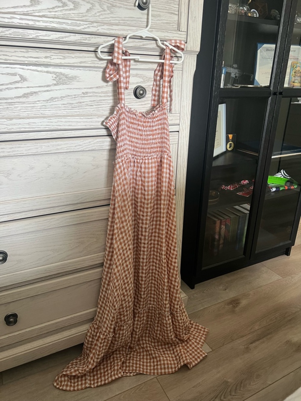 Gingham Tie-Strap Maxi Dress in Burnt Orange